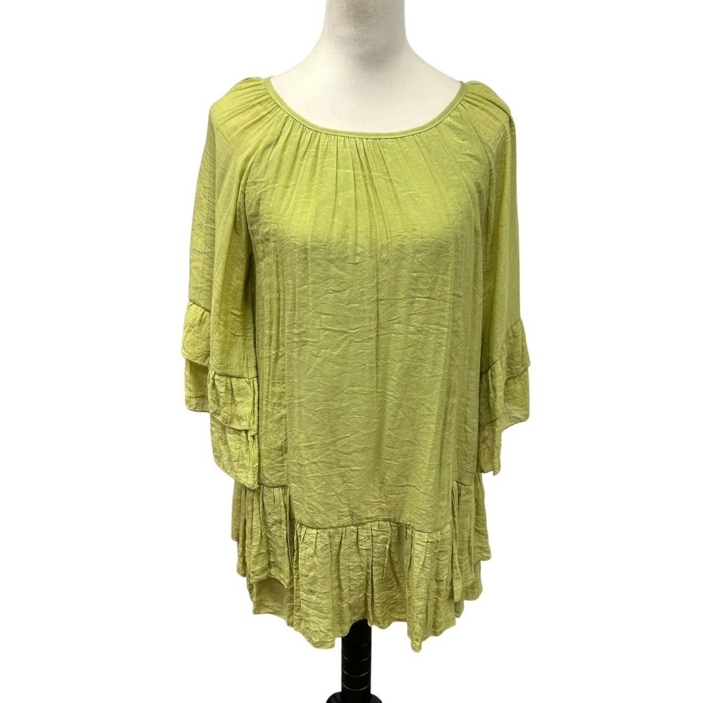 Lagenlook Boho Flowy Tunic Dress Medium Green Peasant Festival Cottage Regency